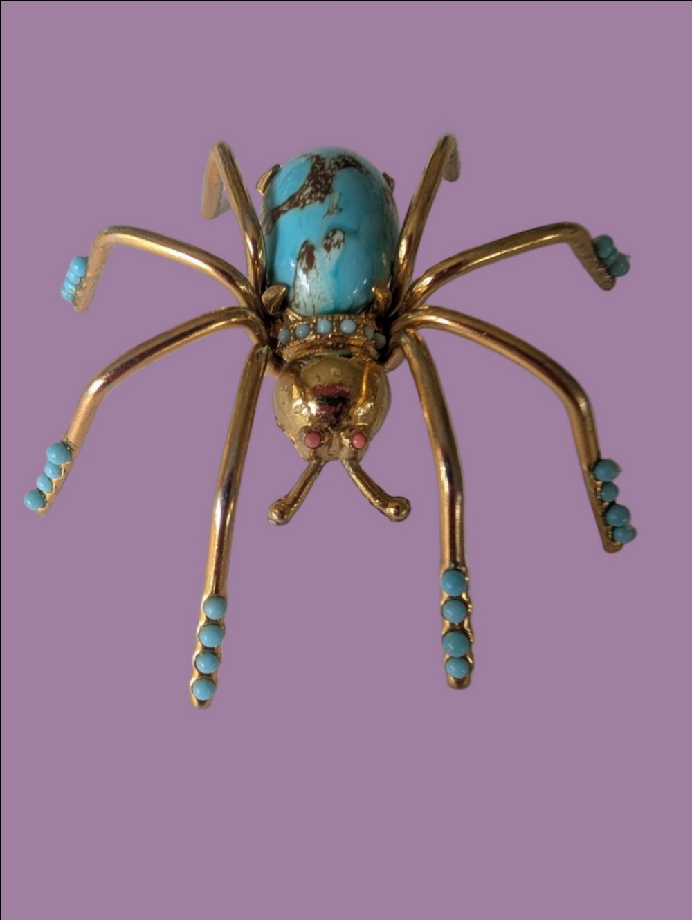 Vintage Brooch Gold Spider Figurine with Turquoise Accents Mid-Century Modern